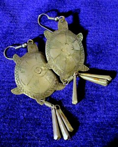 Turtle earrings a friend gave me after hearing the story of the green turtle soup ladle.